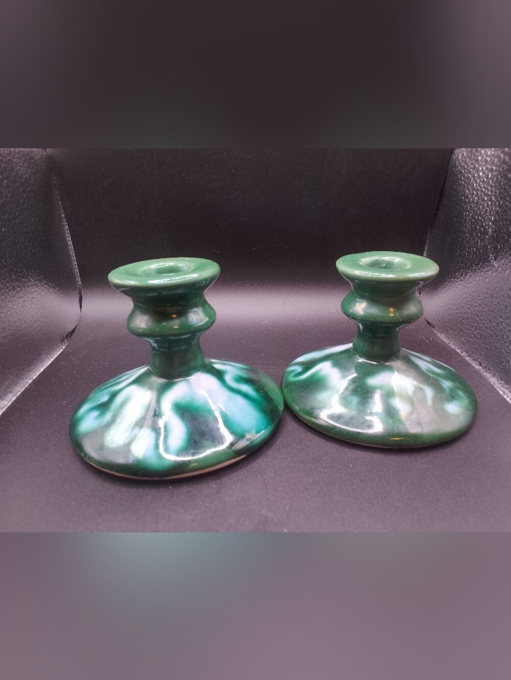 Pair Of Green/ White Glaze Ceramic Candle Holders
